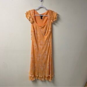 Jones New York Vintage 100%‎ Silk Orange Paisley Midi Dress Flutter Sleeves 16W